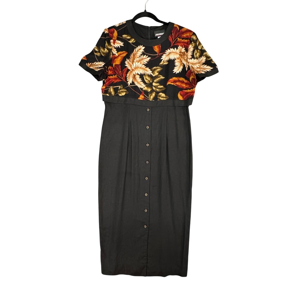 VTG John Roberts Midi Dress 12 Black Cottagecore Romantic Fall Floral 90s Retro